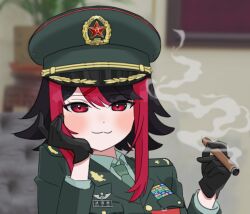 Rule 34 | 1girl, :3, black cat03, black gloves, black hair, cigar, collared shirt, gloves, green jacket, gx aura, hand on own cheek, hand on own face, hat, highres, holding, holding cigar, jacket, looking at viewer, medium hair, military hat, military uniform, multicolored hair, necktie, opera gx, peaked cap, people&#039;s liberation army, red eyes, red hair, shirt, smoke, smug, solo, uniform, virtual youtuber