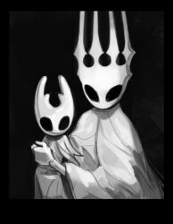Rule 34 | 2others, black background, cloak, crown, ded-lime, dress, father and son, gloves, grey background, greyscale, highres, hollow eyes, hollow knight, hollow knight (character), horns, hug, king, looking at viewer, monochrome, multiple others, pale king (hollow knight), robe, sitting, sitting on lap, sitting on person, white cloak, white dress, white gloves, white robe