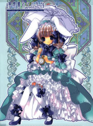 Rule 34 | 1girl, :3, absurdres, animal ears, blue eyes, bow, brown hair, dress, drill hair, footwear ribbon, frills, gathers, hairband, highres, image sample, koge donbo, lace, lolita fashion, original, parasol, pocket watch, rabbit, rabbit ears, ribbon, shoes, short hair, smile, solo, thighhighs, twin drills, twintails, umbrella, watch, white thighhighs