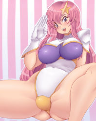 Rule 34 | 1girl, :d, bare shoulders, blush, breasts, covered navel, gluteal fold, gundam, gundam seed, gundam seed destiny, hair between eyes, hair ornament, hand up, highleg, highleg leotard, highres, impossible clothes, kihaiu, large breasts, leotard, long hair, looking at viewer, meer campbell, open mouth, outline, panties, pink hair, purple eyes, sidelocks, smile, solo, spread legs, star (symbol), star hair ornament, straight hair, striped, striped background, teeth, tongue, turtleneck, underwear, vertical stripes, very long hair, white outline, white panties