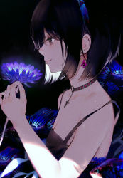 Rule 34 | 1girl, bare arms, bare shoulders, black background, black dress, black hair, blue flower, blush, brown eyes, closed mouth, collarbone, commentary request, dress, earrings, flower, glowing, hair between eyes, hisahisahisahisa, holding, holding flower, jewelry, light smile, original, profile, revision, short hair, sleeveless, sleeveless dress, solo, upper body