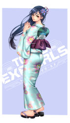 Rule 34 | 1girl, ass, black hair, blush, brown eyes, clog sandals, floral print, flower, from side, full body, hair flower, hair ornament, highres, interlocked fingers, japanese clothes, kimono, long hair, loo, looking at viewer, masami chie, obi, official art, parted lips, sandals, sash, smile, solo, standing, tokyo exe girls, wide sleeves, yukata, zouri