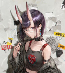 1girl absurdres alternate_costume armpit_crease bare_shoulders bespectacled black_hair black_jacket black_shirt breasts choker cleavage closed_mouth collarbone earrings fate/grand_order fate_(series) glasses grey_background hand_up highres horns huge_filesize jacket jewelry long_sleeves looking_at_viewer matsuo_shogo midriff off_shoulder open_clothes open_jacket purple_eyes round_eyewear shadow shirt short_hair shuten_douji_(fate) sidelocks skin-covered_horns sleeveless sleeveless_shirt small_breasts thick_eyebrows upper_body