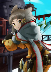 Rule 34 | 1girl, absurdres, animal ears, ass, bodysuit, breasts, cat ears, cowboy shot, dagger, day, grey hair, highena, highres, hood, hood down, knife, leaning forward, looking at viewer, looking back, nia (xenoblade), outdoors, pouch, short hair, small breasts, solo, turret, weapon, xenoblade chronicles (series), xenoblade chronicles 2, yellow bodysuit, yellow eyes