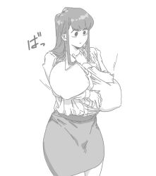 Rule 34 | 1girl, aged up, alternate breast size, breast hold, breast suppress, breasts, collared shirt, commentary request, covered erect nipples, cowboy shot, greyscale, highres, huge breasts, komi-san wa komyushou desu, komi shouko, long hair, monochrome, motion lines, no bra, office lady, pencil skirt, puffy nipples, shirt, shirt tucked in, sidelocks, skirt, solo, speed lines, standing, tomodaore niku udon, white background, wide-eyed