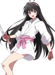 1girl ahoge black_hair blush hair_ornament highres holding holding_sword holding_weapon japanese_clothes katana kimono long_hair long_sleeves looking_at_viewer mochizuki_ayako nige_jouzu_no_wakagimi open_mouth purple_eyes simple_background smile sword very_long_hair weapon white_background yur11