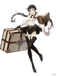 Rule 34 | 1girl, accord, belt, black footwear, black gloves, black hair, black skirt, book, boots, breasts, briefcase, crossover, drag-on dragoon, drag-on dragoon 3, full body, glasses, gloves, green eyes, high heel boots, high heels, holding, holding book, holding briefcase, ji no, key, keyring, long hair, official art, open book, open mouth, shirt, sinoalice, skirt, smile, solo, thigh boots, third-party source, twintails, white background, white shirt