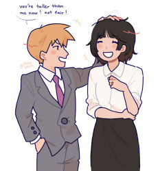 Rule 34 | 1boy, 1girl, aged up, black hair, black skirt, blonde hair, blush, buttoned cuffs, buttons, closed eyes, collared shirt, commentary, english commentary, english text, formal, genderswap, genderswap (mtf), grey jacket, grey pants, grey suit, hand in pocket, hand on another&#039;s head, highres, jacket, kageyama shigeo, kaogens, long sleeves, looking at another, medium hair, mob psycho 100, necktie, open mouth, pants, purple necktie, reigen arataka, shirt, short hair, simple background, skirt, smile, standing, suit, white background, white shirt