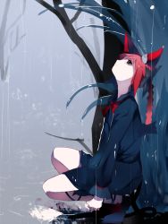Rule 34 | 1girl, alternate costume, black bow, bow, braid, cat tail, commentary request, dress, full body, hair bow, highres, ikurauni, kaenbyou rin, long hair, long sleeves, looking up, outdoors, rain, red eyes, red hair, school uniform, serafuku, sitting, solo, squatting, tail, touhou, tree, twin braids