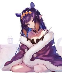 Rule 34 | 1girl, akieda, bare legs, bare shoulders, black gloves, black leotard, blanket, closed mouth, commentary, cup, detached collar, extra ears, flat chest, full body, fur-trimmed collar, fur trim, gloves, gradient hair, head tilt, highres, hololive, hololive english, kotatsu, leotard, long hair, looking at viewer, multicolored hair, ninomae ina&#039;nis, ninomae ina&#039;nis (1st costume), orange hair, pointy ears, purple eyes, purple hair, simple background, sitting, smile, solo, table, tentacle hair, thighs, tiara, two-tone hair, virtual youtuber, white background