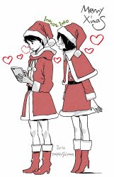 Rule 34 | 10s, 1boy, 1girl, aldnoah.zero, amifumi inko, artist name, blush stickers, boots, capelet, character name, christmas, dated, dress, full body, fur boots, hat, heart, highres, kaizuka inaho, looking at another, merry christmas, monochrome, red footwear, red theme, santa boots, santa costume, santa hat, shimura takako, short hair, simple background, smile, standing, white background