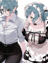 Rule 34 | 2girls, apron, aqua hair, arm support, bang dream!, belt, belt buckle, bespectacled, black belt, black dress, black pants, blush, breasts, buckle, choker, closed mouth, collarbone, collared shirt, commentary, dress, dress shirt, embarrassed, frilled apron, frilled choker, frilled dress, frills, glasses, green eyes, hair between eyes, highres, hikawa hina, hikawa sayo, large breasts, long hair, looking at another, maid, maid apron, maid headdress, medium hair, multiple girls, office lady, pants, ponytail, puffy short sleeves, puffy sleeves, shirt, short sleeves, siblings, sidelocks, simple background, thighhighs, twins, white background, white shirt, white thighhighs, zettai ryouiki, zihacheol