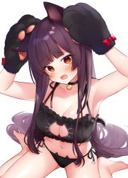 Rule 34 | 1girl, :o, animal ears, animal hands, armpits, arms up, barefoot, bell, black bra, black choker, black ribbon, blunt bangs, blush, bow, bra, breasts, cat cutout, cat ear panties, cat ears, cat lingerie, choker, cleavage, cleavage cutout, clothing cutout, collarbone, commentary request, cowering, etto eat, fang, frilled bra, frills, girls&#039; frontline, gloves, head tilt, highres, jingle bell, kemonomimi mode, large breasts, long hair, looking at viewer, meme attire, navel, neck bell, open mouth, panties, paw gloves, purple hair, red bow, red eyes, ribbon, side-tie panties, simple background, sitting, solo, straight hair, tearing up, tears, thighs, underwear, underwear only, very long hair, wa2000 (girls&#039; frontline), wariza, white background