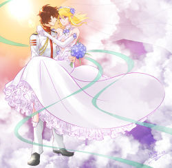 Rule 34 | 1boy, 1girl, 2020, arms around neck, black footwear, blonde hair, blue flower, bouquet, breasts, bridal veil, brown eyes, brown hair, carrying, cleavage, couple, dated, dress, earrings, elbow gloves, eye contact, floating hair, flower, full body, gloves, grin, hair between eyes, holding, holding bouquet, husband and wife, jacket, jewelry, kodai susumu, layered dress, long dress, long hair, looking at another, matching hair/eyes, medium breasts, military, military uniform, mori yuki, pants, princess carry, purple eyes, ring, signature, sleeveless, sleeveless dress, smile, standing, turtleneck, uchuu senkan yamato 2202: ai no senshi-tachi, uniform, veil, wedding band, wedding dress, white dress, white footwear, white gloves, white jacket, white pants, yokon2199