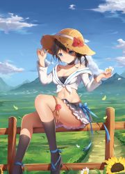 Rule 34 | 1girl, ankle ribbon, bad id, bad pixiv id, bandeau, bare shoulders, black footwear, black hair, blue eyes, blue ribbon, breasts, choker, cleavage, closed mouth, cloud, day, fence, flower, frilled skirt, frills, front-tie top, hand on headwear, hat, hat flower, high heels, highres, jpeg artifacts, kneehighs, layered skirt, leg ribbon, long sleeves, looking at viewer, medium breasts, midriff, miniskirt, mountain, navel, off-shoulder shirt, off shoulder, outdoors, petals, ribbon, road, shirt, sitting, sitting on fence, skirt, sky, socks, solo, sun hat, sunflower, thigh strap, thighs, tied shirt, yamaku ujou