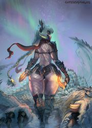 Rule 34 | 1girl, ass, bare back, barioth, boots, braid, cutesexyrobutts, dual wielding, female focus, fishnets, gloves, glowing, highres, hip focus, holding, juno (bard-bot), kunai, long hair, looking at viewer, looking back, monster, monster hunter (series), nargacuga (armor), outdoors, scarf, signature, silverwind nargacuga (armor), solo, teeth, thick thighs, thighs, very long hair, walking, weapon, wide hips
