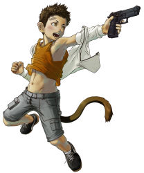 Rule 34 | 1boy, blush, character request, child, gun, handgun, highres, male focus, navel, pistol, pointy ears, shorts, simple background, solo, tail, ursids, weapon, white background