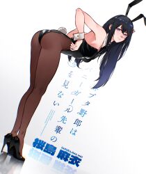Rule 34 | 1girl, adjusting clothes, adjusting leotard, animal ears, ass, bent over, black footwear, black hair, black leotard, blue eyes, breasts, cesar art456, character name, commentary, copyright name, detached collar, dutch angle, english commentary, fake animal ears, fake tail, from side, full body, hair between eyes, hair ornament, hairclip, high heels, highleg, highleg leotard, highres, large breasts, legs, leotard, long legs, looking at viewer, pantyhose, parted lips, playboy bunny, pumps, rabbit ears, rabbit hair ornament, rabbit tail, reflection, sakurajima mai, seishun buta yarou, smile, solo, standing, strapless, strapless leotard, tail, teeth, white background, white wrist cuffs, wrist cuffs