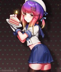 Rule 34 | 1girl, black thighhighs, blue skirt, blush, brown background, brown eyes, cake, cake slice, candle, closed mouth, cowboy shot, food, gloves, hat, heart, heart background, highres, holding, holding plate, kantai collection, long hair, mole, mole under eye, plate, pleated skirt, puffy short sleeves, puffy sleeves, purple hair, sailor hat, school uniform, serafuku, short sleeves, skirt, solo, thighhighs, tsushima (kancolle), twitter username, unidentified nk, white gloves, white hat