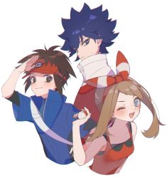 Rule 34 | 1girl, 2boys, blue eyes, blue hair, blush, breasts, brown eyes, brown hair, closed mouth, commentary request, creatures (company), cropped torso, game freak, hair between eyes, hat, high collar, highres, holding, holding poke ball, hugh (pokemon), jacket, may (pokemon), mei (maple 152), multiple boys, nate (pokemon), nintendo, one eye closed, open mouth, poke ball, pokemon, pokemon bw2, pokemon masters ex, pokemon oras, red headwear, simple background, small breasts, spiked hair, tank top, visor cap, white background
