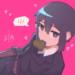 Rule 34 | 1girl, androgynous, belt, belt pouch, black hair, black jacket, black pants, breasts, brown belt, candy, chocolate, chocolate heart, commentary, commentary request, dated, dress shirt, dutch angle, food, from above, hair between eyes, heart, heart-shaped pupils, holster, jacket, kino (kino no tabi), kino no tabi, kokuya (kokuya28), looking at viewer, looking up, mouth hold, pants, pink background, pouch, purple eyes, raised eyebrows, shirt, short hair, sidelocks, small breasts, solo, speech bubble, spoken blush, symbol-shaped pupils, tomboy, upper body, valentine, very short hair, white shirt