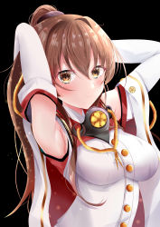 Rule 34 | 1girl, absurdres, armpits, arms up, bare shoulders, black background, brown eyes, brown hair, detached sleeves, highres, kantai collection, lcel, long hair, ponytail, sakuramon, shirt, simple background, solo, white shirt, yamato (kancolle)