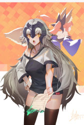 Rule 34 | 2girls, animal ears, bare shoulders, black legwear, bow, bra strap, breasts, cowboy shot, dated, fate/grand order, fate (series), hair bow, hand on own hip, headpiece, highres, jeanne d&#039;arc (fate), jeanne d&#039;arc (ruler) (fate), jeanne d&#039;arc alter (avenger) (fate), jeanne d&#039;arc alter (fate), large breasts, li chunfu, long hair, looking at viewer, multiple girls, off shoulder, pink hair, raglan sleeves, shirt, silver hair, t-shirt, tail, tamamo no mae (fate/extra), thighhighs, twintails, very long hair, white sleeves, yellow eyes