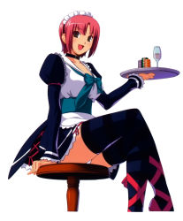 Rule 34 | 1girl, apron, blush, breasts, collar, cup, dress, drinking glass, earrings, highres, jewelry, koutaro, large breasts, legs, crossed legs, maid, maid apron, maid headdress, panties, pink hair, poker chip, ribbon, rio rollins, footwear ribbon, shoes, short hair, sitting, smile, solo, stool, super blackjack, thighhighs, tray, underwear, waitress, wine glass, zettai ryouiki