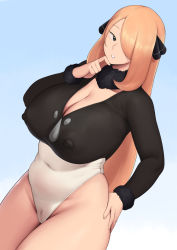Rule 34 | 1girl, black dress, blonde hair, blue background, blurry, breasts, cleavage, closed mouth, cloud, covered erect nipples, creatures (company), cynthia (pokemon), day, dress, female focus, female pubic hair, fur collar, game freak, grey eyes, hair over one eye, hand on own hip, highres, huge breasts, light smile, long hair, looking at viewer, moebell, nintendo, outdoors, pokemon, pokemon dppt, pubic hair, see-through, simple background, sky, smile, solo, thick thighs, thighs