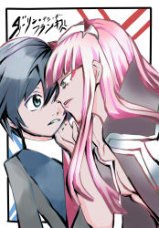 Rule 34 | 10s, 1boy, 1girl, black hair, blue eyes, breasts, coat, commentary, commentary request, copyright name, couple, darling in the franxx, english commentary, face-to-face, facing another, forehead-to-forehead, green eyes, hair ornament, hairband, hand on another&#039;s face, heads together, hetero, highres, hiro (darling in the franxx), horns, jacket, jacket on shoulders, long coat, long hair, long sleeves, looking at another, medium breasts, military, military uniform, necktie, oni horns, open clothes, open coat, pink hair, red horns, red neckwear, short hair, translation request, uniform, user vjpw4772, white hairband, zero two (darling in the franxx)