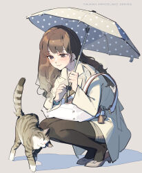 Rule 34 | 1girl, animal, bag, black pantyhose, blush, brown eyes, brown hair, brown jacket, brown skirt, cat, closed mouth, coat, grey background, grey footwear, handbag, hands up, heel pop, high heels, highres, holding, holding umbrella, jacket, long sleeves, looking at another, looking down, office lady, office lady taiwan, original, pantyhose, shadow, shoes, simple background, skirt, smile, squatting, tennohi, trench coat, umbrella, white bag