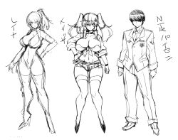 Rule 34 | 1boy, 2girls, :&lt;, bodysuit, character request, character sheet, curvy, formal, full body, hand on own hip, hata (transistor baby), high ponytail, highres, long hair, looking at viewer, melissa (hata (transistor baby)), micro shorts, monochrome, multiple girls, navel, nipples, original, ponytail, reina (hata (transistor baby)), short shorts, shorts, simple background, sketch, skin tight, smile, standing, suit, translation request, tsundere, twintails, white background