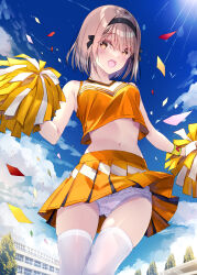 Rule 34 | 1girl, bare shoulders, black hairband, blush, breasts, brown hair, cheerleader, clothes lift, confetti, cowboy shot, crop top, frilled panties, frills, hairband, highres, holding, holding pom poms, kobayashi chisato, large breasts, looking at viewer, midriff, miniskirt, navel, open mouth, original, outdoors, panties, pantyshot, pleated skirt, pom pom (cheerleading), pom poms, shirt, short hair, skirt, skirt lift, sleeveless, sleeveless shirt, solo, stomach, thighhighs, underwear, white panties, white thighhighs, wind, wind lift, yellow eyes