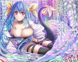 Rule 34 | 1girl, angel wings, bare shoulders, belt, black panties, blue hair, blush, breasts, choker, cleavage, detached sleeves, dizzy (guilty gear), flower, guilty gear, hand on own chest, large breasts, mature female, monster girl, navel, panties, partially submerged, red eyes, ribbon, sidelocks, single wing, solo, tail, tail ornament, tail ribbon, thigh strap, thighhighs, thighs, tongari, twintails, underwear, water, wings, yellow ribbon