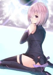 Rule 34 | 1girl, armor, armored dress, bad id, bad pixiv id, black gloves, black leotard, black thighhighs, blush, dutch angle, elbow gloves, fate/grand order, fate (series), gloves, hair over one eye, highres, leotard, looking at viewer, looking back, mash kyrielight, parted lips, profile, purple eyes, purple hair, short hair, sitting, solo, thighhighs, yuzuzukushi