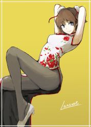 Rule 34 | 10s, 1girl, alternate costume, arms behind head, arms up, artist name, black pantyhose, blue eyes, breasts, brown hair, bun cover, china dress, chinese clothes, dress, floral print, hiei (kancolle), kantai collection, lansane, leg lift, looking at viewer, pantyhose, shoe dangle, shoes, side slit, sitting, small breasts, solo, white footwear, yellow background