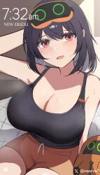 1girl absurdres ahoge armpits bare_shoulders bed black_hair black_tank_top breasts grace_howard highres large_breasts nearvel orange_eyes simple_background sitting solo sweat tank_top zenless_zone_zero