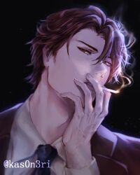 Rule 34 | 1boy, absurdres, aizen sousuke, alternate costume, black background, black necktie, black suit, bleach, brown eyes, brown hair, cigarette, close-up, collared shirt, commentary, contemporary, formal, hair between eyes, hand up, hashtag-only commentary, highres, kas0n3ri, light particles, looking at viewer, male focus, mature male, necktie, nose, parted lips, shirt, short hair, simple background, smoke, smoking, solo, suit, tsurime, twitter username, veins, veiny hands, white shirt