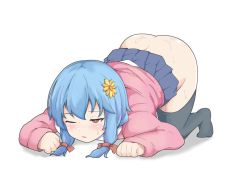 Rule 34 | 1girl, all fours, black thighhighs, blue hair, blue skirt, blush, bow, commentary request, cookie (touhou), flower, full body, hair bow, hair flower, hair ornament, medium hair, miniskirt, miramikaru miran, no panties, one eye closed, open mouth, parnkgjas, pink sweater, pleated skirt, red bow, red eyes, shirt, sidelocks, simple background, skirt, solo, sweater, thighhighs, transparent background, white shirt, yellow flower