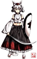 Rule 34 | 1girl, 3:, 3:&lt;, animal ears, black bow, black skirt, bow, commentary, crop top, detached sleeves, dog ears, dog tail, hakama, hakama short skirt, hakama skirt, highres, holding, holding shield, holding sword, holding weapon, inubashiri momiji, japanese clothes, long sleeves, looking at viewer, midriff, mushroom (osh320), navel, red eyes, scimitar, shield, short hair, skirt, solo, sword, tail, toned, touhou, v-shaped eyebrows, weapon, white hair, wolf ears, wolf tail