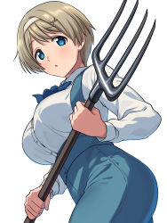 Rule 34 | 1girl, :o, asada hachi, axis powers hetalia, blonde hair, blue eyes, blue ribbon, blush, breasts, buttons, collared shirt, commentary request, dress shirt, from side, hair ornament, hairband, highres, holding, holding pitchfork, large breasts, long sleeves, looking at viewer, pitchfork, ribbon, shirt, short hair, simple background, solo, ukraine (hetalia), white background, white hairband, x hair ornament
