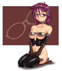 Rule 34 | 1girl, black thighhighs, boots, bottomless, breasts, choker, cleavage, corset, elbow gloves, glasses, gloves, hairband, high heels, judge martin, kneeling, large breasts, navel, no panties, original, personification, pink eyes, purple hair, shoes, short hair, solo, thighhighs, underboob