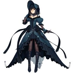 Rule 34 | 1girl, black eyes, black hair, blue dress, bonnet, boots, dress, fate/grand order, fate (series), game cg, gloves, hat, knee boots, kuonji alice, looking at viewer, mahou tsukai no yoru, official art, pantyhose, short hair, smile, solo, transparent background, type-moon