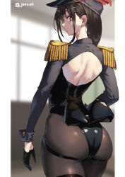 Rule 34 | 1girl, ass, back, black gloves, black hat, black thighhighs, blurry, blurry background, brown hair, brown pantyhose, closed mouth, commentary request, epaulettes, from behind, gloves, hat, jonsun, looking at viewer, looking back, medium hair, original, pantyhose, shiori (jonsun), solo, thighhighs, twitter username, yellow eyes