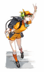 Rule 34 | 1girl, :d, alcohol, arm up, ascot, backpack, bag, baseball cap, beer, beer keg, beer tap, belt, blue ascot, box, bracelet, collared shirt, cup, cup holder, disposable cup, drink, full body, green hair, hair bun, hat, herayoshi, highres, holding, holding cup, jewelry, kiki (herayoshi), kneehighs, leaning forward, looking to the side, open mouth, orange hat, orange shirt, orange shorts, orange socks, original, pouring, profile, shirt, short hair, shorts, single hair bun, smile, socks, solo, sweat, updo, uriko (baseball), v, white background, wristband