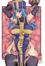 Rule 34 | 1girl, blue eyes, blue hair, blush, breasts, chunsoft, dragon quest, dragon quest iii, enix, gloves, hat, large breasts, matching hair/eyes, mitre, priest (dq3), red-rum, solo, square enix, tentacles, tentacles under clothes, thighhighs, wide hips