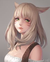 Rule 34 | 10s, 1girl, 2015, animal ears, bare shoulders, blonde hair, breasts, cat ears, cleavage, dated, facial mark, final fantasy, final fantasy xiv, green eyes, lips, looking at viewer, miqo&#039;te, momoko (momopoco), shirt, signature, simple background, slit pupils, solo, upper body, warrior of light (ff14)