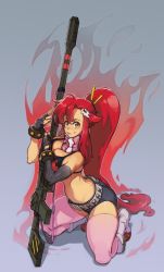 Rule 34 | 1girl, ass, bikini, bikini top only, blush, boots, breast press, breasts, closed mouth, detached collar, fingerless gloves, gloves, grey background, gun, hair ornament, highres, kneeling, large breasts, looking at viewer, maiz-ken, midriff, pink thighhighs, ponytail, red hair, rifle, shorts, sidelocks, simple background, smile, sniper rifle, solo, swimsuit, tengen toppa gurren lagann, thighhighs, weapon, yellow eyes, yoko littner