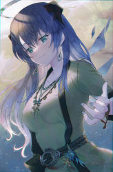 Rule 34 | 1girl, alternate costume, aqua eyes, arknights, backlighting, bag, belt, blue eyes, blue hair, blue nails, blush, bracelet, breasts, closed mouth, collarbone, demon horns, dress, earrings, gradient background, green dress, halo, highres, horns, jewelry, long hair, long sleeves, looking at viewer, medium breasts, mostima (arknights), nail polish, necklace, outstretched hand, smile, solo, soukuu kizuna, upper body
