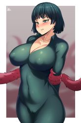 Rule 34 | 1girl, absurdres, arms behind back, artist name, blunt bangs, blunt ends, blurry, blurry background, blush, border, breasts, cameltoe, cleft of venus, collarbone, collared dress, commentary, covered erect nipples, covered navel, cowboy shot, dress, fubuki (one-punch man), green dress, green eyes, green hair, grey background, highres, jmg, large breasts, looking to the side, no bra, no panties, one-punch man, puffy nipples, restrained, revision, short hair, skin tight, solo, tentacles, thick thighs, thighs, white border, wide hips